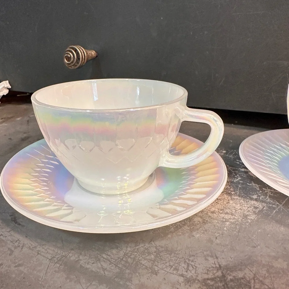 Federal Glass Moonglow Iridescent Tea Cup Saucer Set Vintage 1960s Lustre 6pc